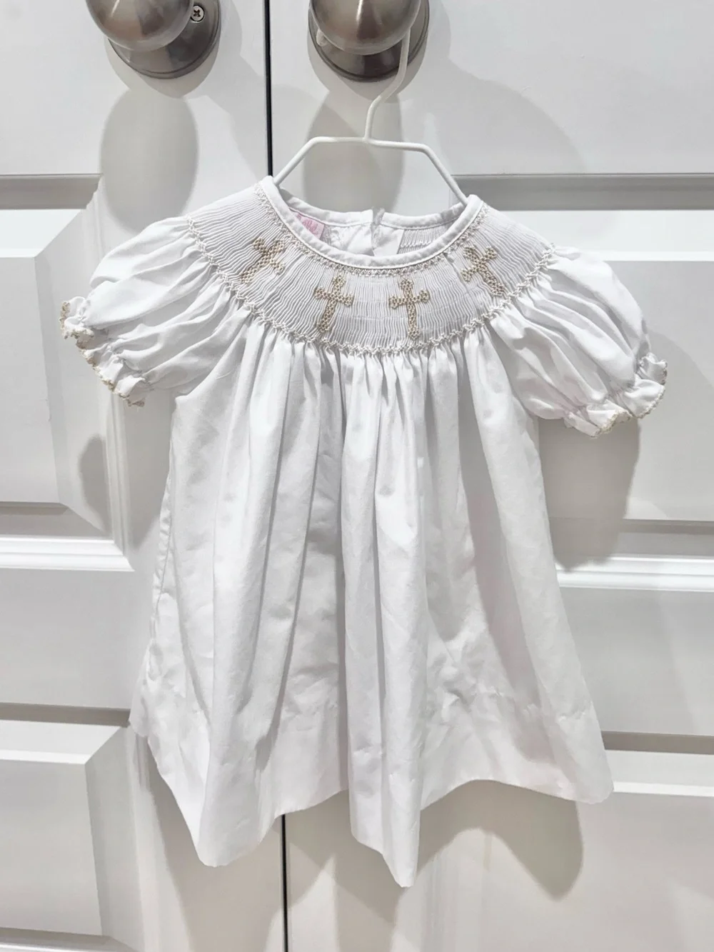 NWOT Baby Girl White Puff-Sleeve with Gold Cross Smocking
